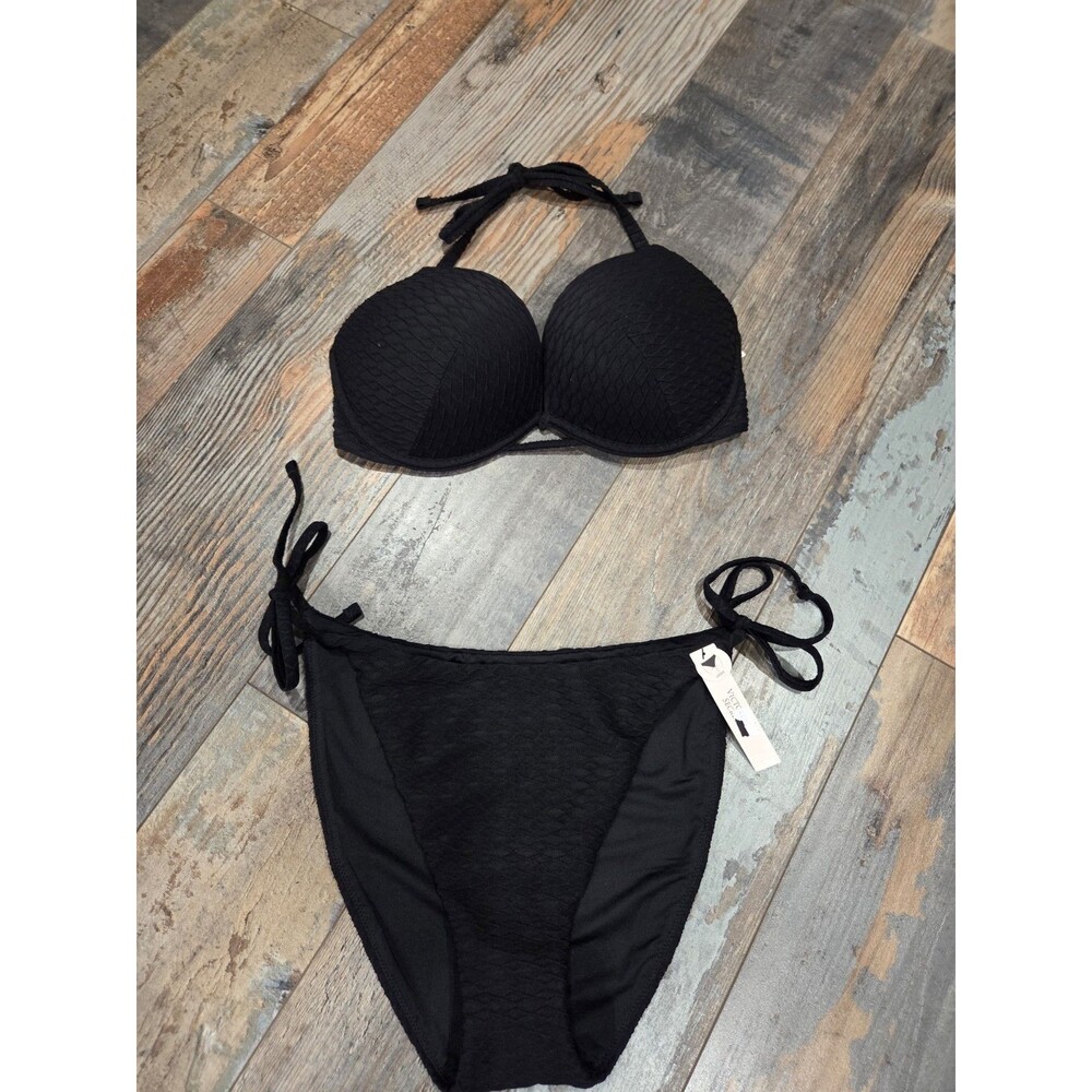 Victorias Secret Push-Up Swim Top With Side Tie Bottom Textured Black 34D/XL SWM